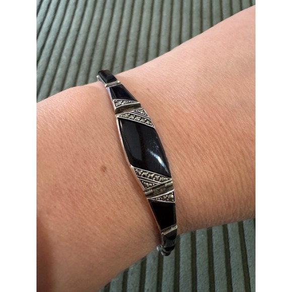 Vintage 935 Art Deco Sterling Silver Black Onyx Marcasite Bracelet - Picture 2 of 14